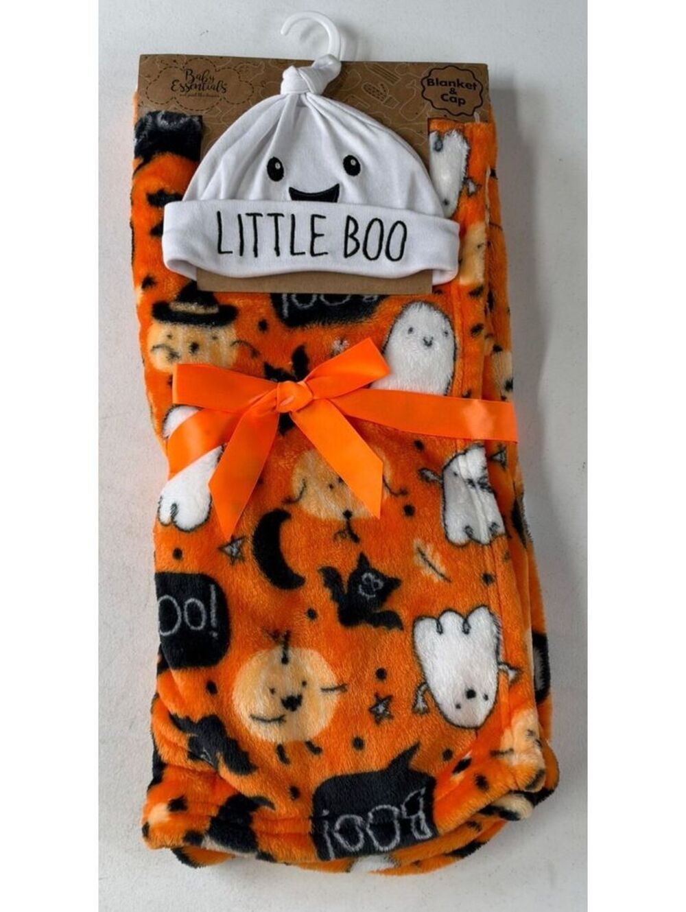 Baby Halloween Blanket & Little Boo Cap Set 30x40 Ghost Cat Orange New